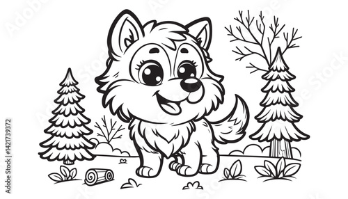 Vector illustration of cartoon wolf black and white drawing For children to learn to color according to the picture.