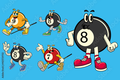 Set of Billiard Ball Sports mascot cartoon character in Vintage Style