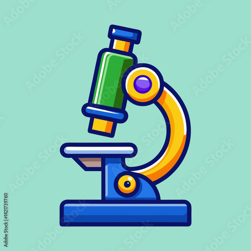 Stylized microscope illustration with vibrant colors on a soft green background
