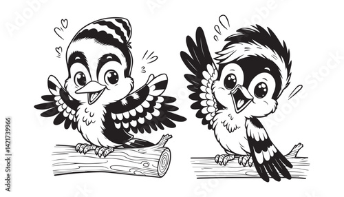 Vector illustration of cartoon bird black and white drawing For children to learn to color according to the picture.