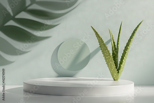 Minimalist aloe vera display on round podium