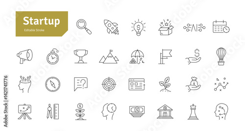 Startup Line Icons Set. Funding, Planning, Strategy, Launch, Marketing, Growth, Ideas, Technology, Creativity Icons Editable Stroke Vector Illustration