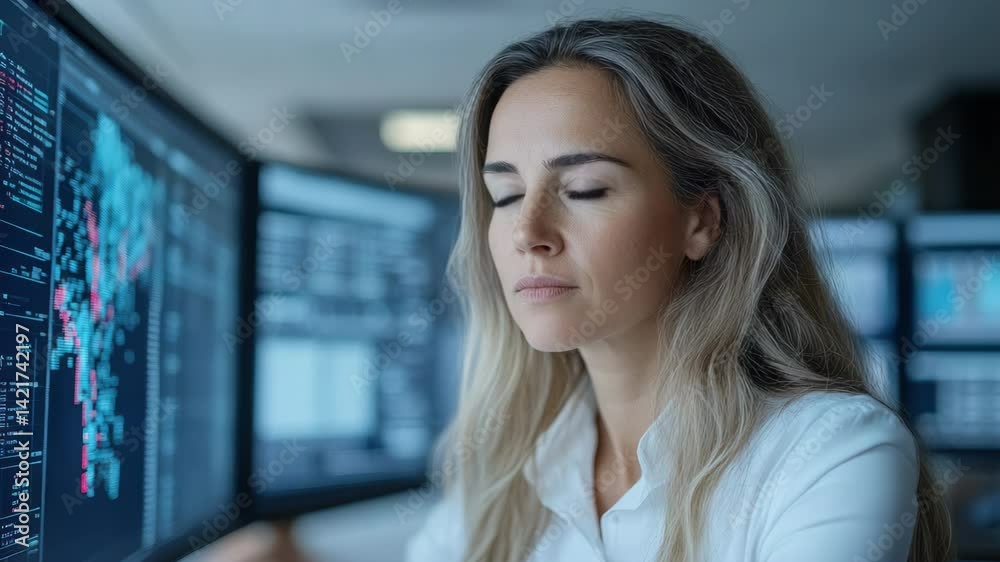 Professional Woman in Office Analyzing Data with Advanced Technology on Multiple Screens Professional Woman in Office Analyzing Data with Advanced Technology on Multiple Screens
