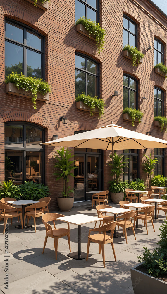 Fototapeta premium Warm sunlight bathes inviting patio tables nestled beside a brick building.. AI Generated
