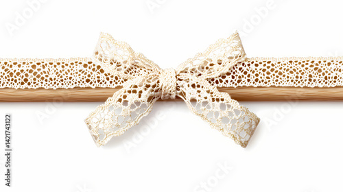 Vintage lace ribbon tied around a wooden dowel , ribbons, wedding decor. Chrono-Woven Lace. Illustration