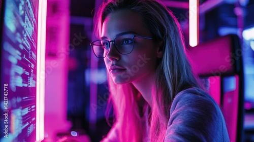 Female ethical hacker analyzing code in a vibrant neon-lit workspace environment