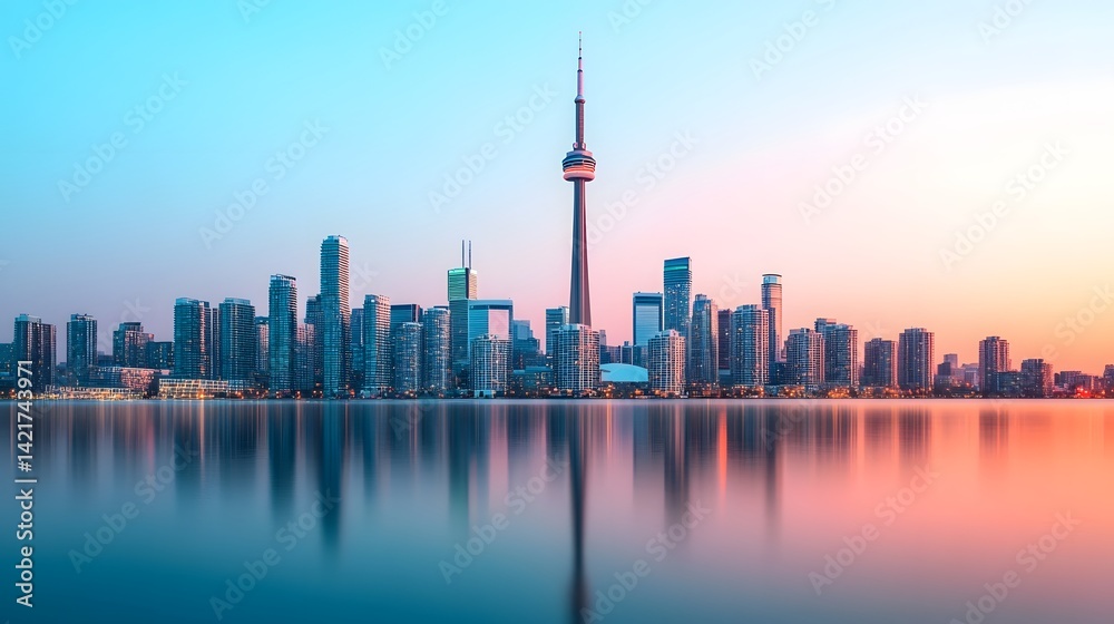 Fototapeta premium Stunning Futuristic Cityscape with Tranquil Lakeside Reflection at Sunset