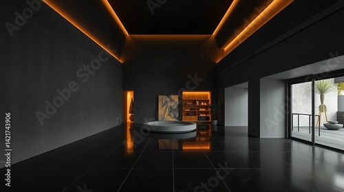 Interior of a modern living room with orange lights
