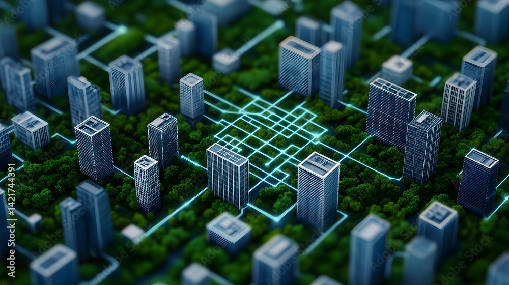 Obraz premium Aerial View of Sustainable Smart City with Interconnected Digital Infrastructure