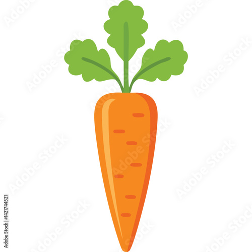 Single orange carrot with green leaves, simple flat design, vector illustration.