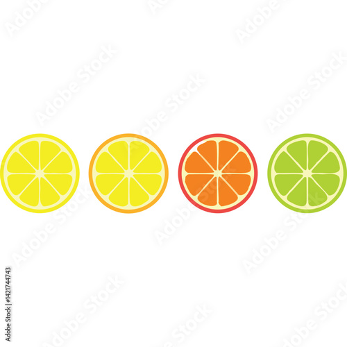 Four citrus fruit slices: lemon, orange, grapefruit, lime.  Vibrant colors, simple design.