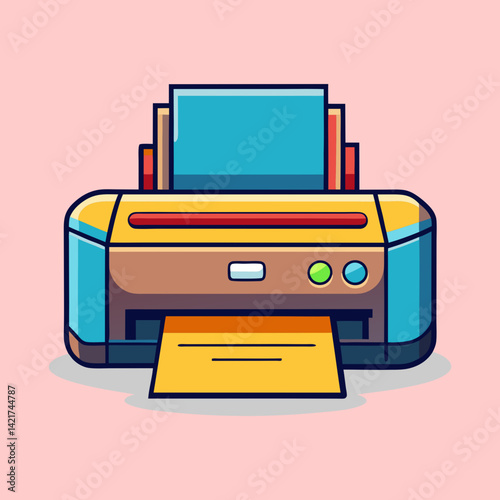 Cartoon illustration of a modern inkjet printer on a light pink background