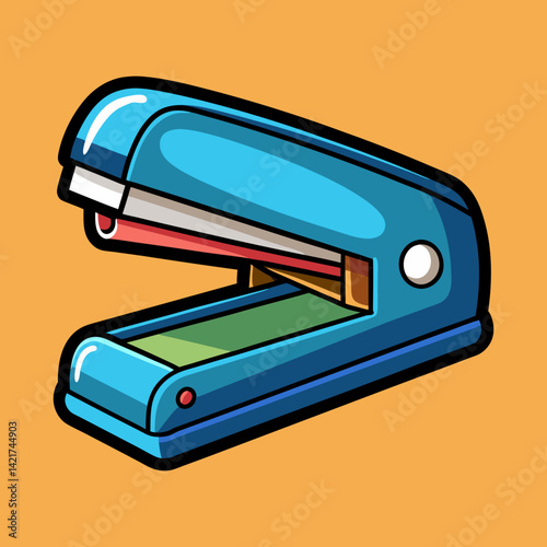 Cartoon Illustration of a Teal Stapler on a Solid Background for Office Use