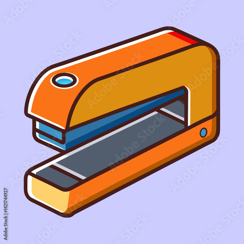 Illustration of an orange and blue stapler on a pale purple background