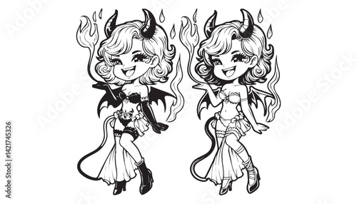 Vector illustration of cartoon devil black and white drawing For children to learn to color according to the picture.