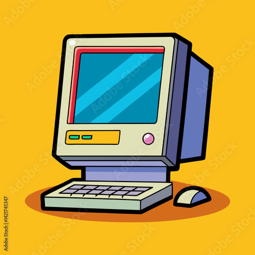Retro Computer Cartoon Illustration with Keyboard and Mouse on Yellow Background