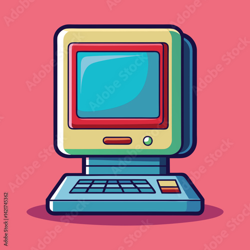 Retro Cartoon Computer with a Monitor and Keyboard Illustration Style