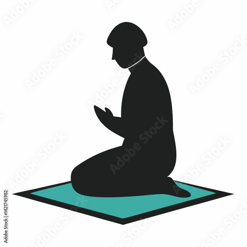 Silhouette of a muslim man praying on a teal prayer rug illustration