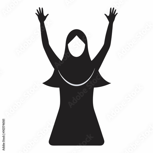 Black silhouette of a muslim woman with hands up in celebration