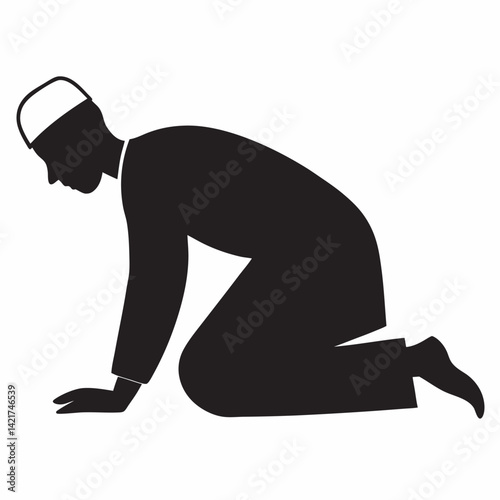 Muslim man in prayer pose silhouette islamic worship illustration vector