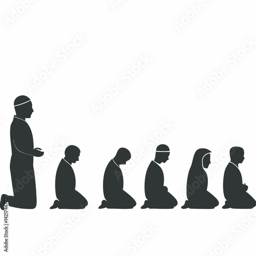 Silhouette illustration of muslim people praying together in congregation islam religion