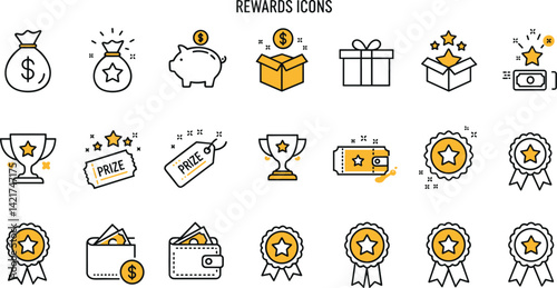 Reward bonus gift icon set. Benefit reward bonus loyalty prize hand drawn sketch line pen stroke style icon.