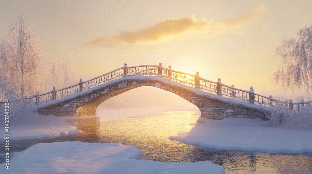 Fototapeta premium Snowy winter sunrise over a stone bridge over a frozen river
