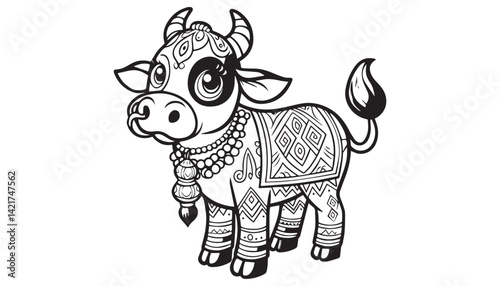 Vector illustration of cartoon cow black and white drawing For children to learn to color according to the picture.