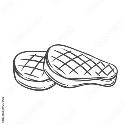 Grilled meat steaks line icon. Outline hand drawn sketch of two cooked tenderloin beefsteaks to eat. BBQ food menu, barbeque party mascot, hot chargrilled steaks portion icon vector illustration