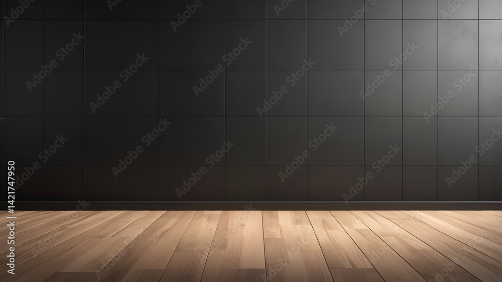 Empty black tiled wall with wooden floor in sunlight. 3D Rendering