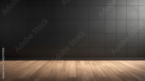 Obraz na płótnie Empty black tiled wall with wooden floor in sunlight. 3D Rendering
w salonie
