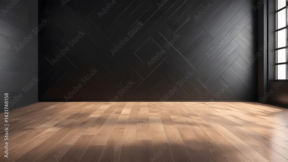 Empty black tiled wall with wooden floor in sunlight. 3D Rendering