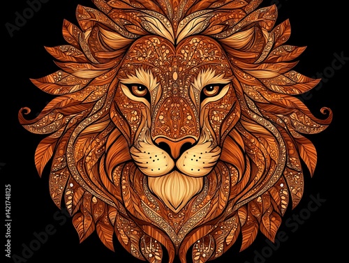 Detailed symmetrical portrait of a majestic lion with intricate designs