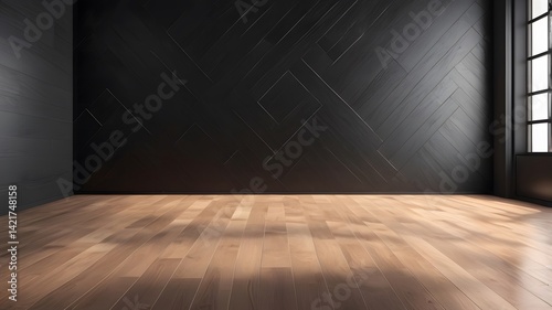Obraz na płótnie Empty black tiled wall with wooden floor in sunlight. 3D Rendering
w salonie