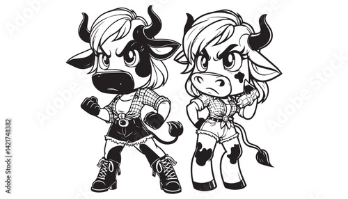 Vector illustration of cartoon cow black and white drawing For children to learn to color according to the picture.