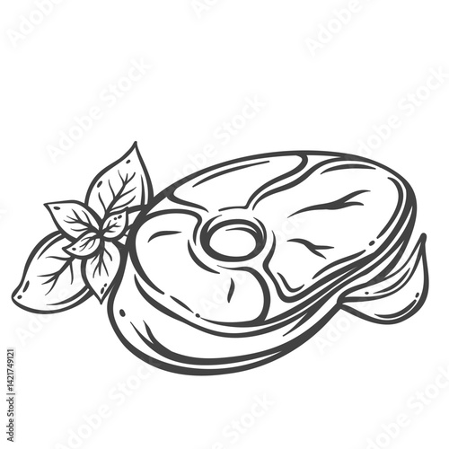 Beef steak with bone line icon. Outline hand drawn sketch of ossobuco, one raw meat cut with marrow bone to cook stew. Cooking, butchers shop product mascot, steak and basil icon vector illustration