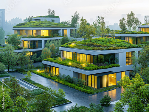Sustainable business center surrounded by greenery, rooftop garden, clean modern architecture, promoting health and productivity