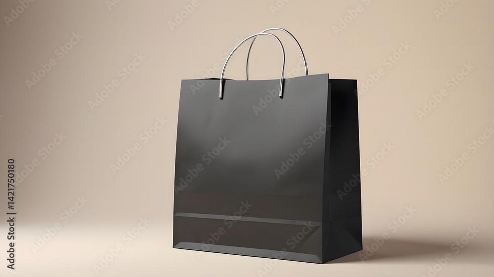 Shopping or present concept with front view on blank black paper bag with silver handles and place for company logo or advertising text on light beige wall background. 3D rendering, mock up