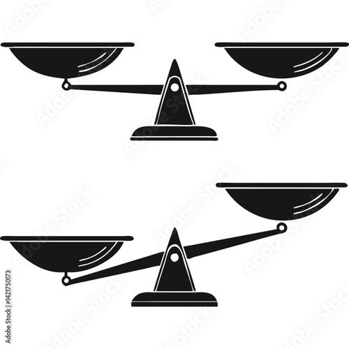 Two simple black and white illustrations of scales of justice, balanced and unbalanced.
