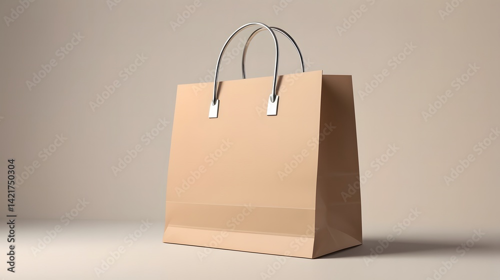 Shopping or present concept with front view on blank black paper bag with silver handles and place for company logo or advertising text on light beige wall background. 3D rendering, mock up
