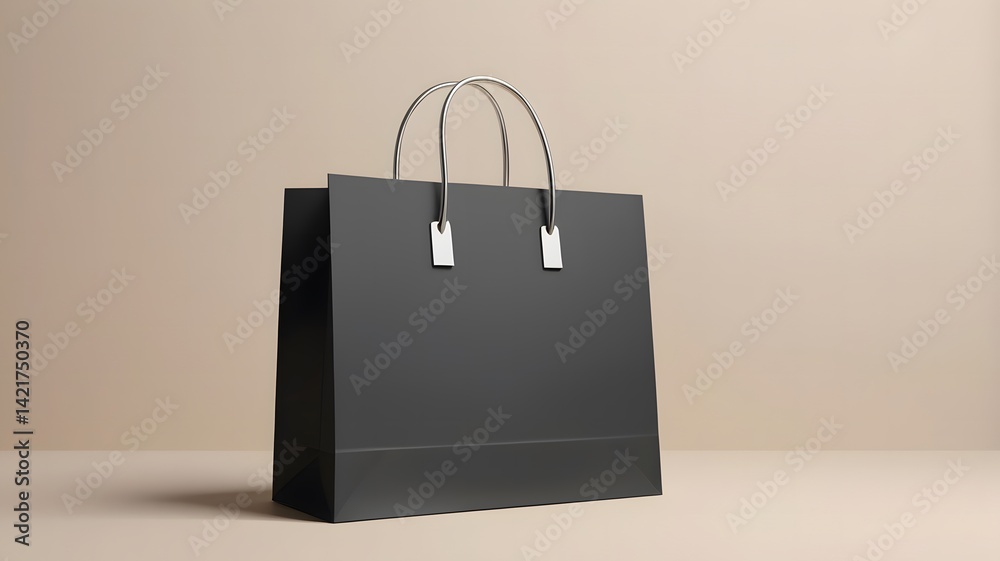 Shopping or present concept with front view on blank black paper bag with silver handles and place for company logo or advertising text on light beige wall background. 3D rendering, mock up