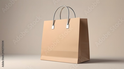 Obraz na płótnie Shopping or present concept with front view on blank black paper bag with silver handles and place for company logo or advertising text on light beige wall background. 3D rendering, mock up
w salonie