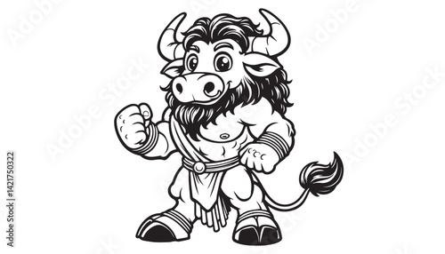 Vector illustration of cartoon bull black and white drawing For children to learn to color according to the picture.