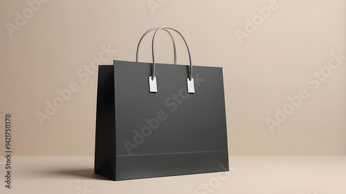Shopping or present concept with front view on blank black paper bag with silver handles and place for company logo or advertising text on light beige wall background. 3D rendering, mock up

