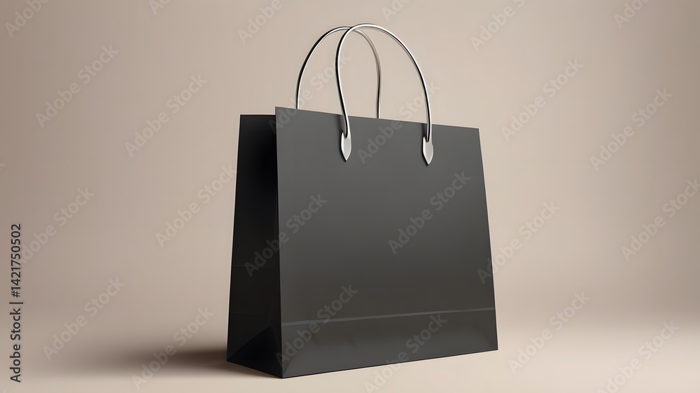 Shopping or present concept with front view on blank black paper bag with silver handles and place for company logo or advertising text on light beige wall background. 3D rendering, mock up