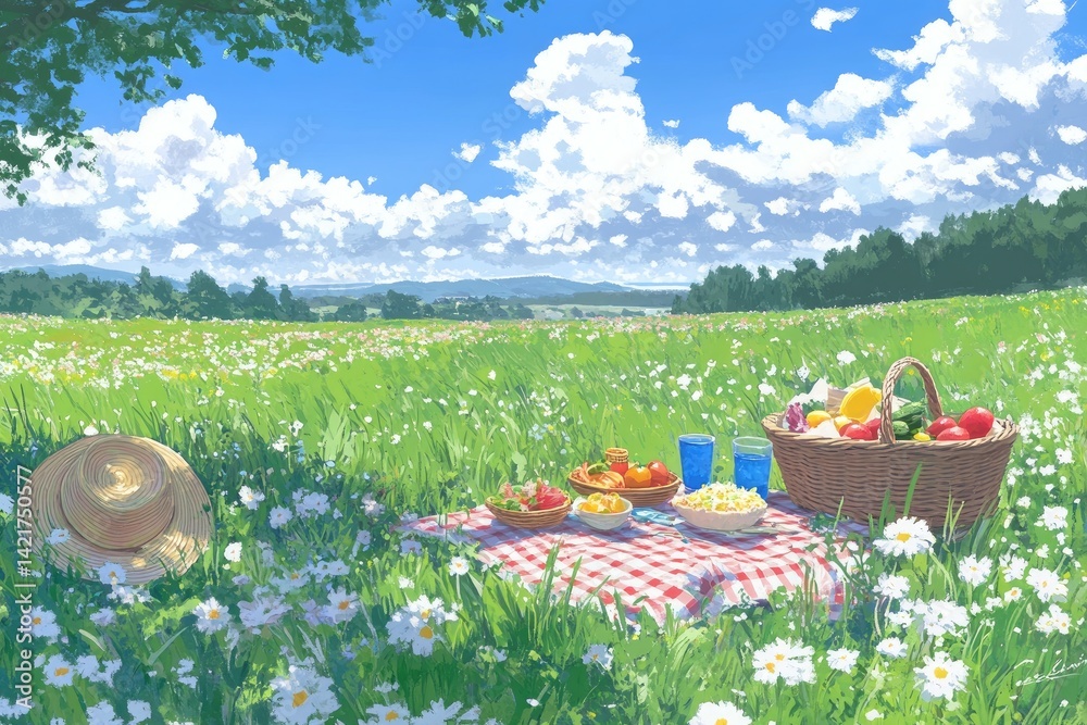 Fototapeta premium Picnic in a field of flowers (1)