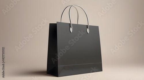 Obraz na płótnie Shopping or present concept with front view on blank black paper bag with silver handles and place for company logo or advertising text on light beige wall background. 3D rendering, mock up
w salonie
