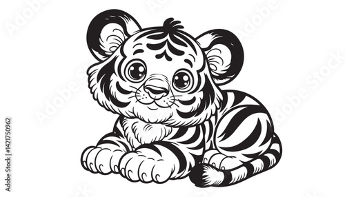Vector illustration of cartoon tiger black and white drawing For children to learn to color according to the picture.