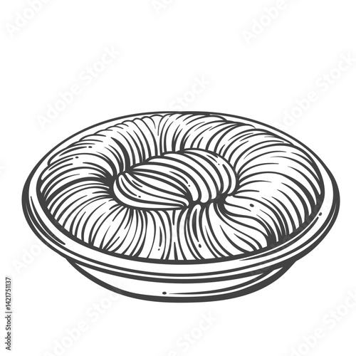 Ratatouille, French vegan stew outline. Hand drawn tray of traditional ragout with vegetables slices, cooked zucchini, tomato, eggplant in pan. Cuisine of France ratatouille vector illustration