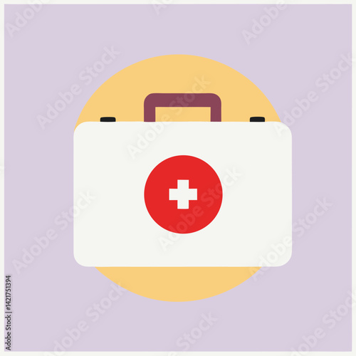 Simple flat design illustration of a white first aid kit with a red cross.